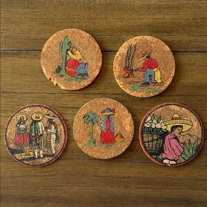 Set of 5 Vintage Mexican Themed Cork Coasters Sombrero Cactus